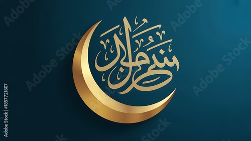 A striking golden crescent moon is positioned next to intricate Arabic calligraphy on a deep teal background creating a visually rich and symbolic representation for Islamic holidays like Ramadan