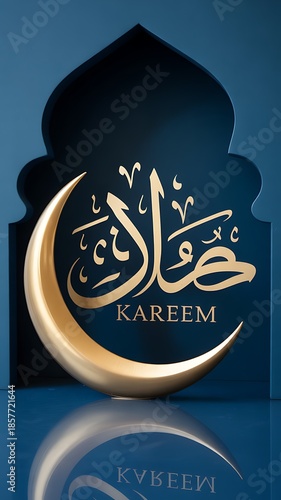 A gleaming golden crescent moon rests in front of a dark blue arched Islamic architectural featuring Arabic calligraphy and the word Kareem below creating a and celebratory Ramadan or Eid visual