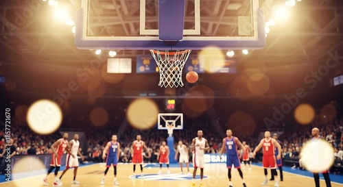 Basketball players compete under arena lights during a .