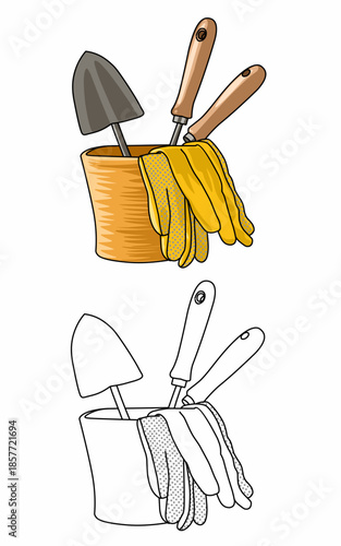 gardening tools and yellow gloves in a bucket issolated on white Coloring page