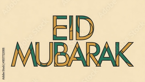 Stylized geometric letters spelling Eid Mubarak in a modern deco style with alternating green and gold colors against a pale beige background creating a contemporary festive greeting. The words Eid