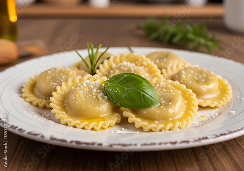 Delicious ravioli garnished with fresh basil and grated cheese is served.