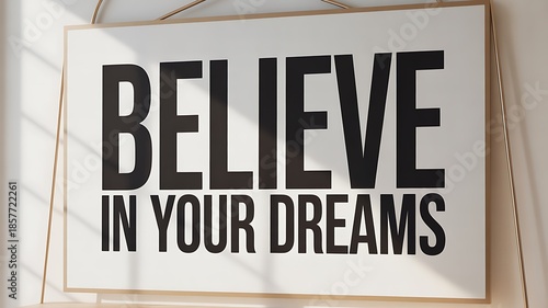 Large black sans-serif text BELIEVEINYOURDREAMS