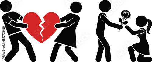 Couple breaking up and man proposing with rose