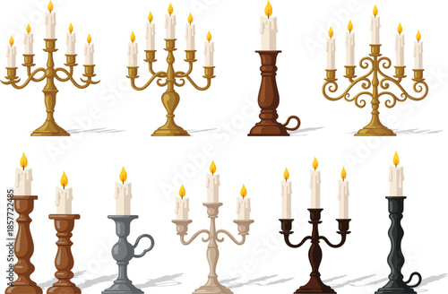 Set of elegant candle holder vector illustrations featuring vintage brass candelabras, modern glass candlesticks, and decorative lanterns isolated on white background.