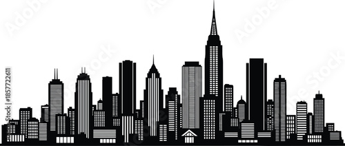 City skyline silhouette, urban architecture, skyscraper spire, black white vector, modern buildings, metropolitan landscape, minimal design, downtown view, iconic cityscape illustration