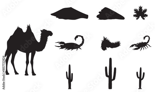 Desert silhouettes set – Black camel, scorpion, and cactus icons isolated on white