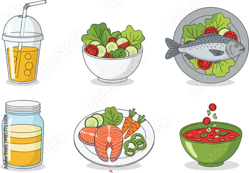 Set of healthy food and drink vector illustrations featuring salmon, fresh garden salads, whole grilled fish, orange juice, and nutritional smoothies.