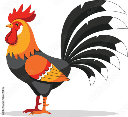 Stylized vector illustration of a colorful rooster with bright orange plumage and black tail feathers isolated on a white background.