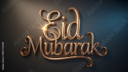 Golden Eid Mubarak Script Font with Subtle Lighting and Shadows on a Dark Gradient Background Celebrating Islamic Festival and Religious Holiday with Ornate Calligraphy and for Greetings and