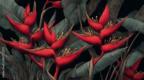 Illustration of bold red flowers emerging from broad, dark-toned leaves against a solid black backdrop. Leaves create a dramatic botanical setting