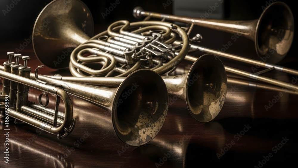 Obraz premium Assortment of aged brass orchestral wind instruments resting on a dark reflective surface