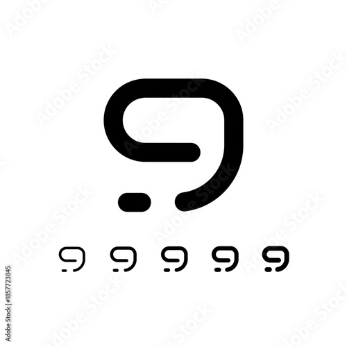 Number 9, digital numeral nine, including set of five different cyber rounded numbers, vector illustration 10EPS