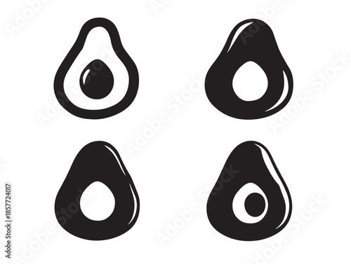 A beautiful set of four modern black avocado silhouette vector icons