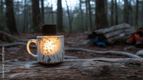 Wallpaper Mural A dimly glowing gas lantern illuminates a cracked porcelain mug on a log in a forest at dusk Torontodigital.ca