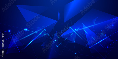 Abstract blue technology background with geometric triangles and glowing light particles for digital connectivity network, cyber security theme, and futuristic data science presentation design