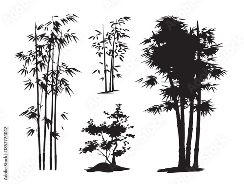 A stunning set of four solid black bamboo forest silhouette landscape icons