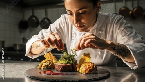 Experienced female culinary  meticulously garnishes a gourmet plate presentation in a professional kitchen environment