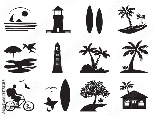 A stunning collection of four elegant black coastal scene silhouette icons