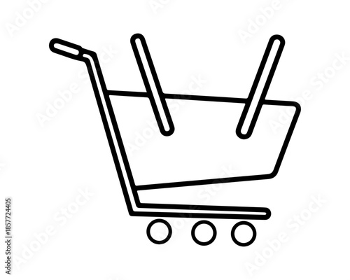 A simple line drawing of a shopping cart on a white background