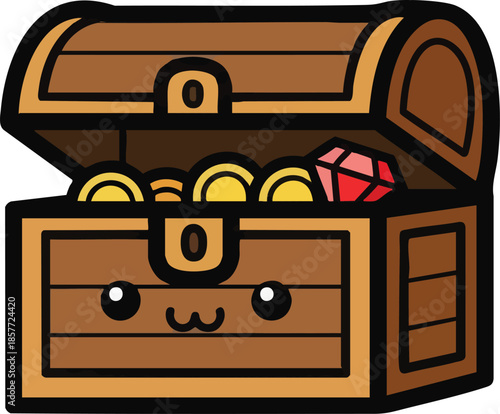 Open Treasure Chest with Gold Coins and Gems, Kawaii Fortune and Luck Symbol