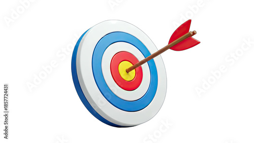 Arrow hitting target bullseye on white background