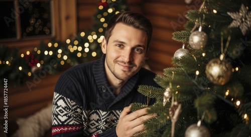 Smiling young man wearing a patterned sweater next to a decorated holiday evergreen tree