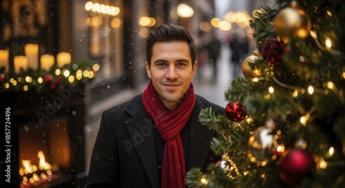 Handsome man wearing a red scarf stands near a brightly lit outdoor holiday display during snowfall
