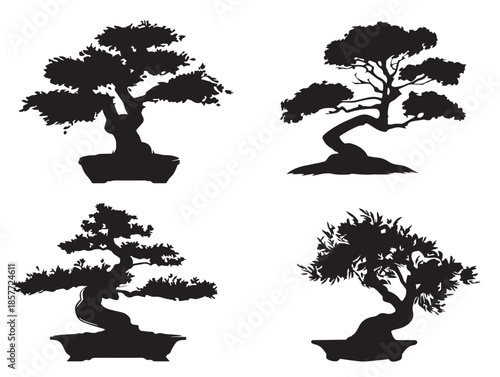 A stunning collection of four elegant black potted bonsai silhouette icons