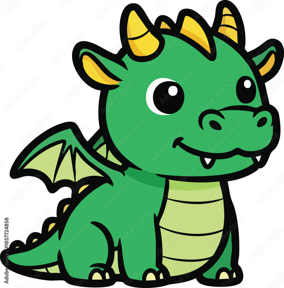 Obraz premium Friendly Green Dragon with Wings and Soft Smile, Fantasy Kawaii Creature Design