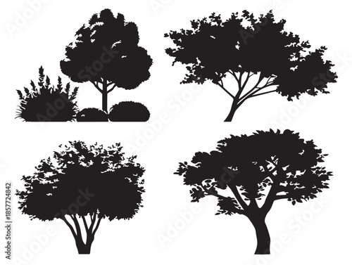 A gorgeous set of four lovely black leafy bush silhouette icons