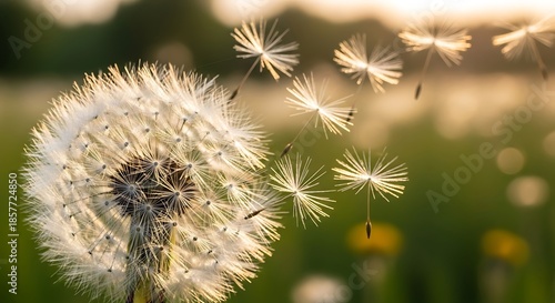 Dandelion seeds drift away on the breeze at sunset.