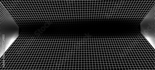Empty futuristic digital box room grey-black background with white grid space line color surface. Network cyber technology. banner, cover, terrain, sci-fi, wireframe, and related to background.