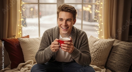 Happy young man enjoys warm beverage while sitting near a window with twinkling lights