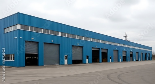 Large blue industrial building with multiple garage doors under a cloudy sky.