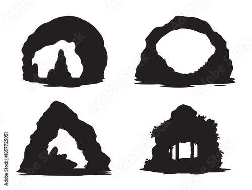 A beautiful collection of four detailed black cavern silhouette landscape illustrations