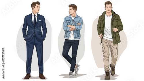 Stylish Mens Fashion - Suit, Denim Jacket, and Casual Outfit.