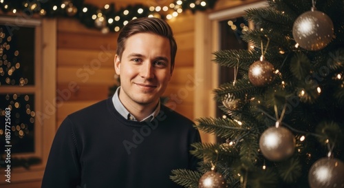 Young adult male smiles near a decorated holiday evergreen tree with warm lights