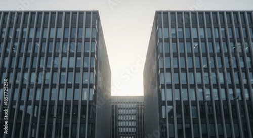 Modern corporate buildings create a narrow passage against a bright sky