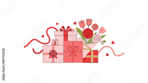 Charming illustration depicting a thoughtful collection of holiday presents, a fresh flower bouquet, and decorative elements perfect for expressing love and joy on special occasions