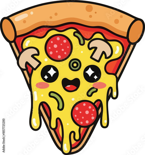 Tasty Pizza Slice with Cute Eyes and Tongue, Kawaii Food Character Design