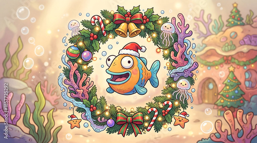 Funny Christmas Fish Inside a Festive Wreath