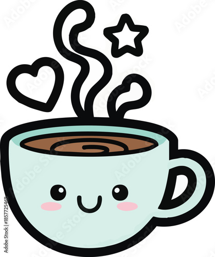 Cozy Coffee Cup with Steam Heart and Smiling Eyes, Warm Kawaii Beverage Art