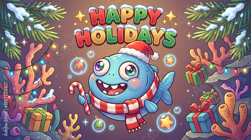 Funny Holiday Fish Smiling Under Happy Holidays Text