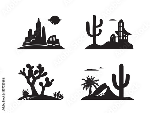A lovely and serene desert with cactus silhouette icon collection