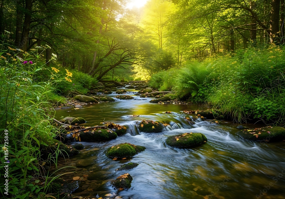 Fototapeta premium Sunlit forest stream flows over mossy rocks and lush greenery.