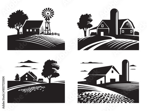 A lovely and rustic farmland silhouette set with barn and fence