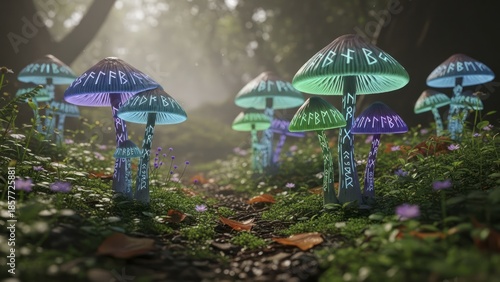 Wallpaper Mural Mystical glowing fungi bearing ancient inscribed symbols illuminate a dense forest floor setting Torontodigital.ca