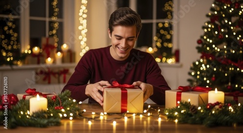 Young man happily prepares a wrapped present surrounded by festive holiday decorations and lights