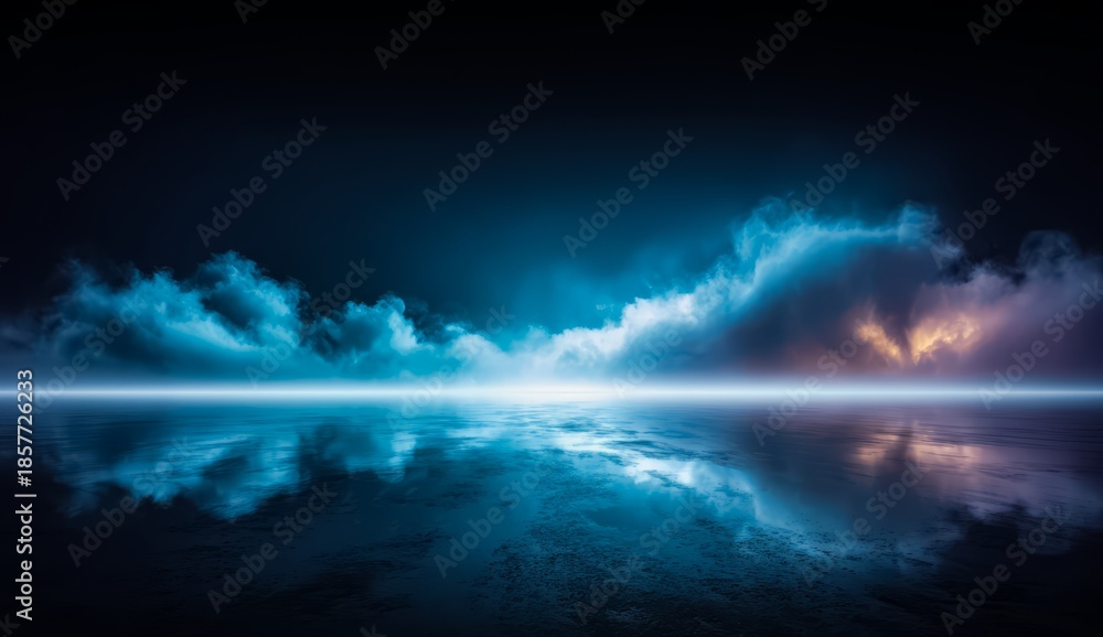 Fototapeta premium Vast body of water with a dark blue sky above it. The sky is filled with clouds, creating a sense of depth